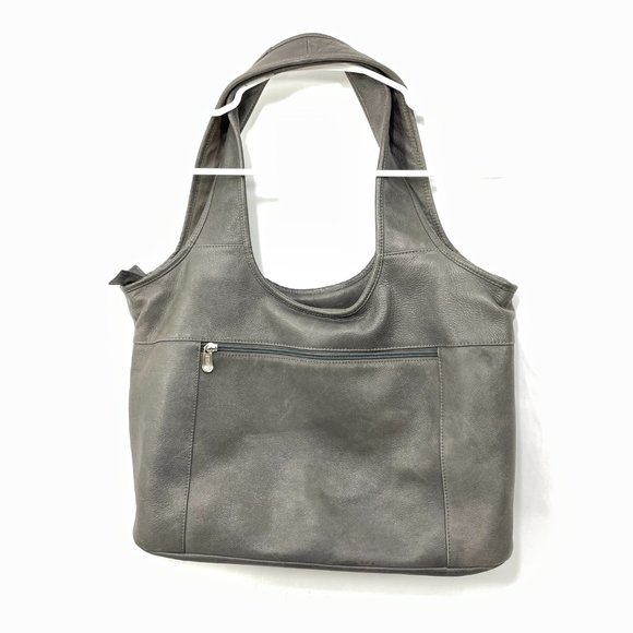 Piel Colombian Leather Shoulder Bag Gray Zippered Medium Laptop Tote - Picture 11 of 11